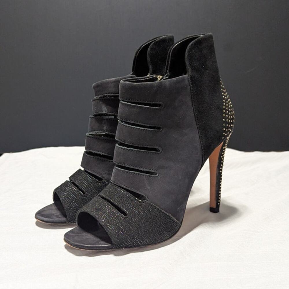Rebecca Minkoff Reagan Too Peep Toe Heels Stilettos Black Suede Studded Pumps